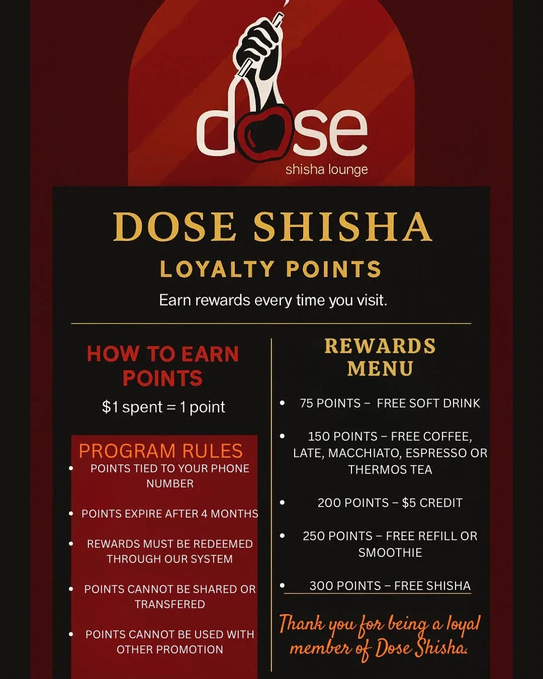 Poster: Dose Shisha Loyalty Points. $1 spent = 1 point. 75 points for a free soft drink, 150 for a hot drink, 200 for $5 credit, 250 for a free refill or smoothie, 300 for a free shisha